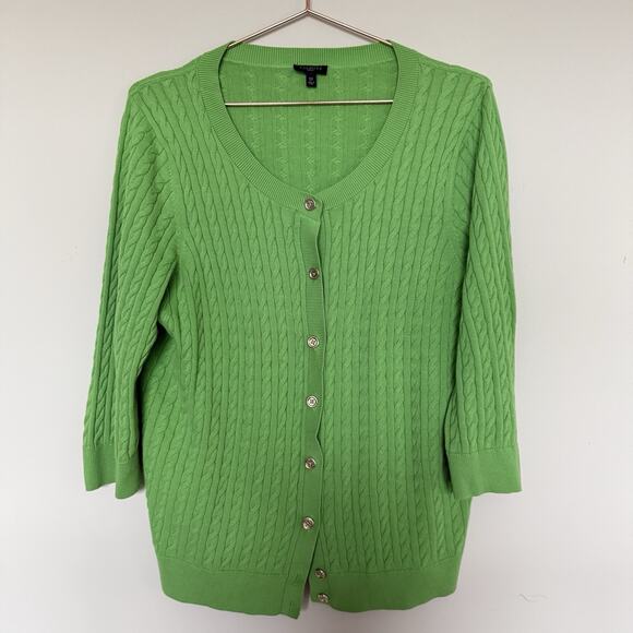 Talbots Cable Knit Cardigan Sweater Womens 2X Green Preppy Academia Quiet Luxury - Picture 1 of 5